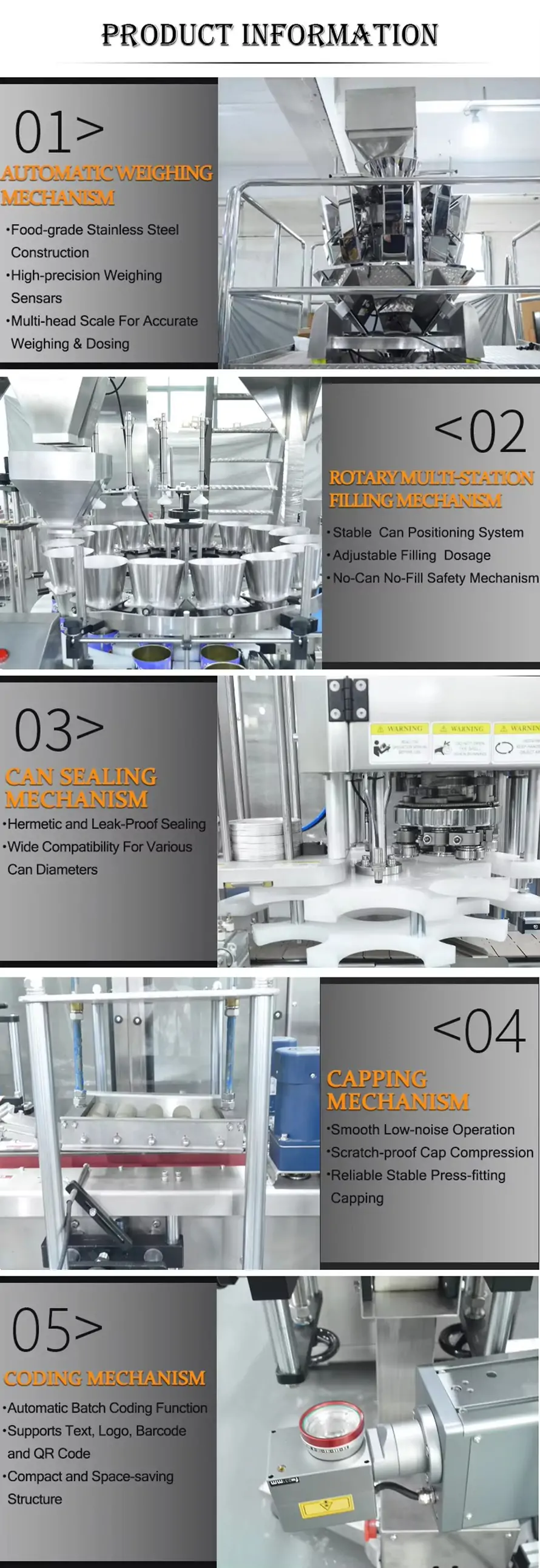 RIFU granule canning production line core mechanism introduction: automatic weighing unit, rotary filling unit, can sealing unit, cap pressing unit, laser coding unit, detailed structural performance introduction of each station