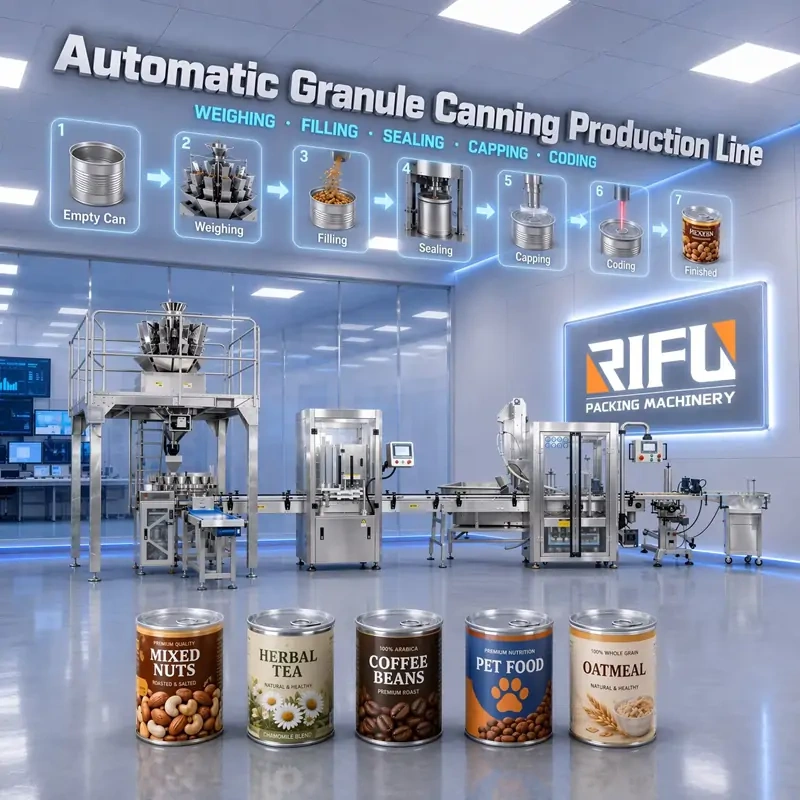 Automatic Granule Tin Can Packaging Production Line | Weighing Filling Sealing Capping Laser Coding For Nuts Oatmeal Pet Food