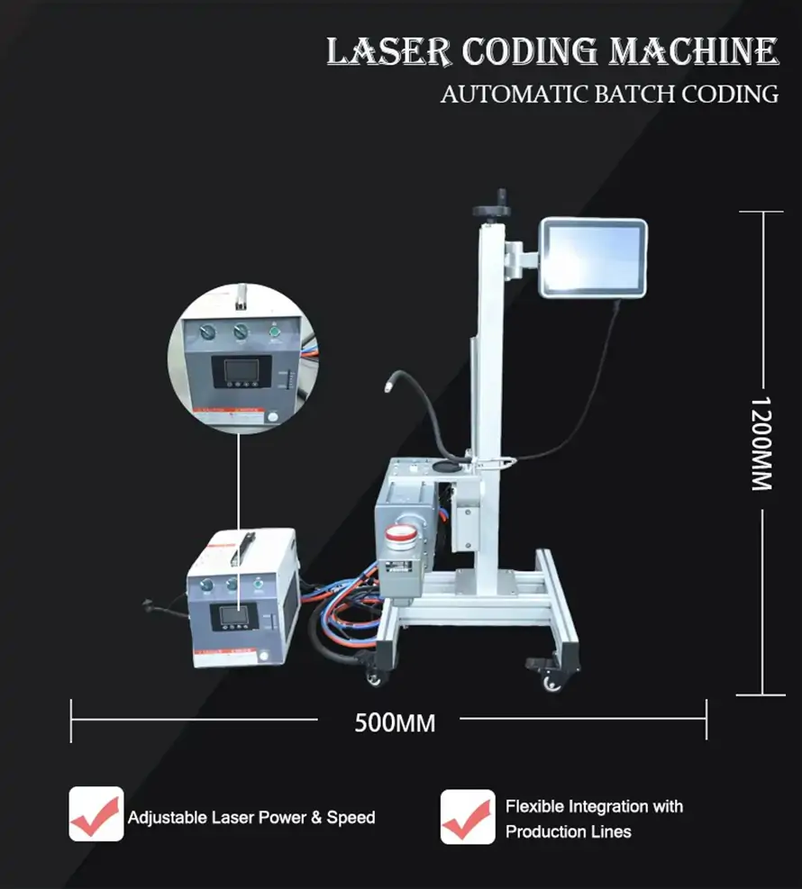 RIFU online laser coding machine for automatic batch/date marking, adjustable laser power and marking speed, easy to integrate into tin can packaging production lines, dimension annotated