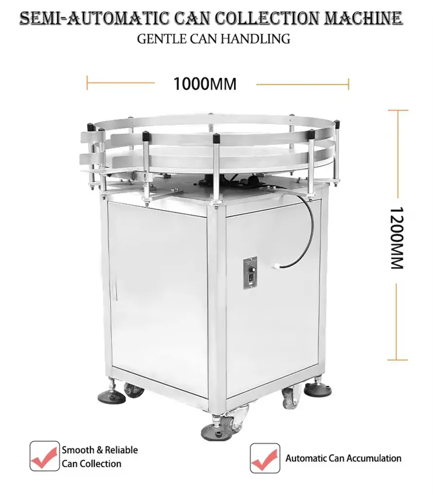 RIFU semi-automatic can collection turntable, gentle can handling, smooth can accumulation output, finished can collecting equipment for tin can packaging production line, dimension marked