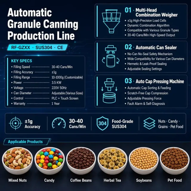 Automatic Granule Tin Can Packaging Production Line | Weighing Filling Sealing Capping Laser Coding For Nuts Oatmeal Pet Food