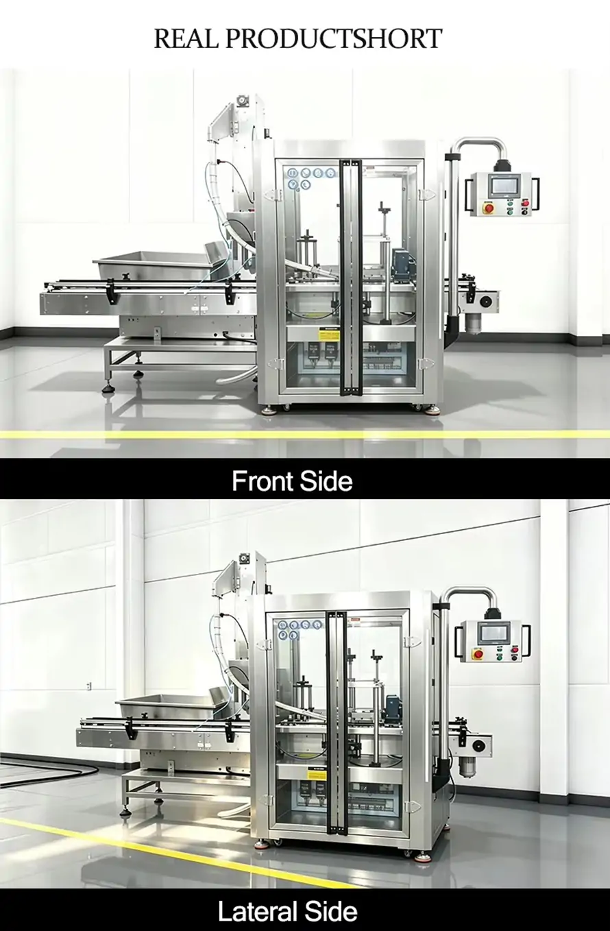 RIFU automatic cap feeding & press capping machine real product photo, front side and lateral side two-angle display of stainless steel tin can capping equipment