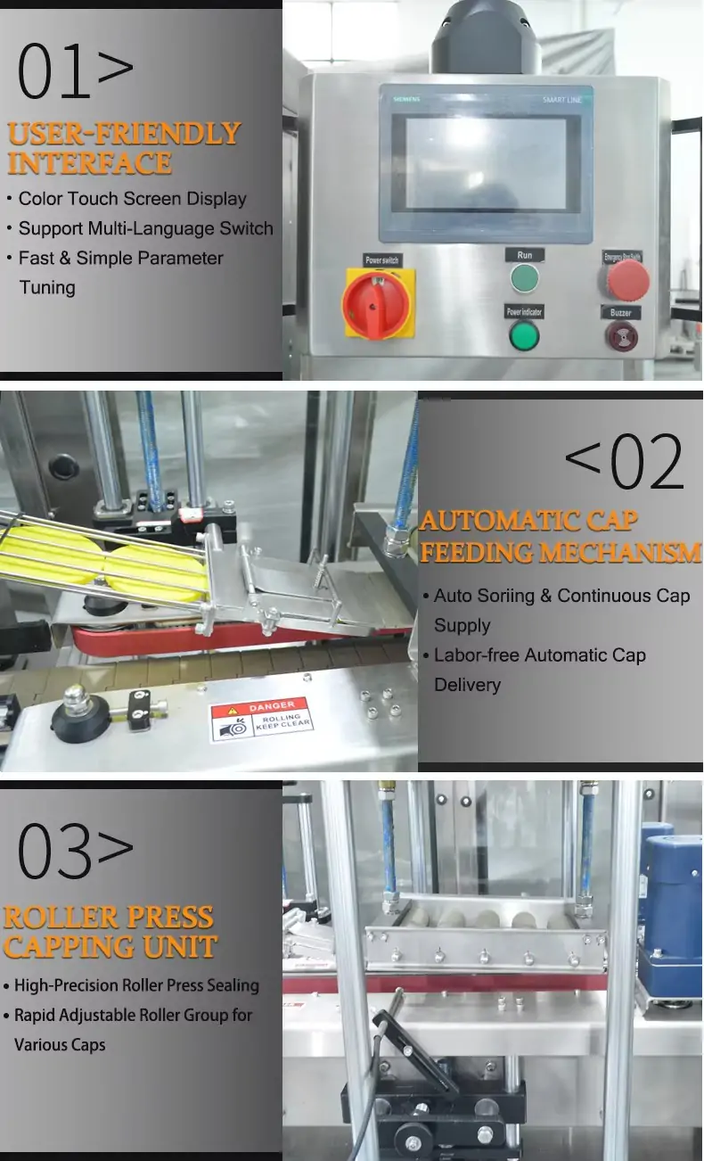 RIFU automatic cap feeding & press capping machine three core functional units details, 01 Siemens multi-language touch screen control panel, 02 auto cap feeding sorting mechanism, 03 high precision roller press capping unit