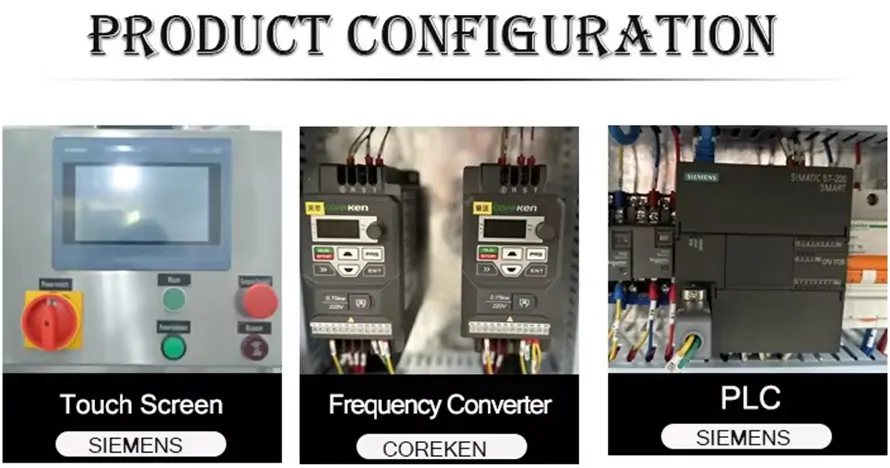 RIFU automatic cap feeding press capping machine product electrical configuration, equipped with Siemens touch screen, Coreken frequency converter and Siemens PLC