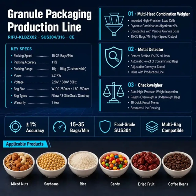 Automatic Multi-Head Granule Packing Line With Metal Detector & Weight Checker For Rice Nuts Candy Beans