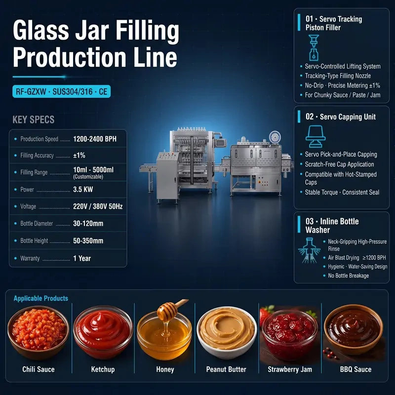 Full Automatic Chunky Sauce & Jam Jar Sorting Washing Filling Capping Line