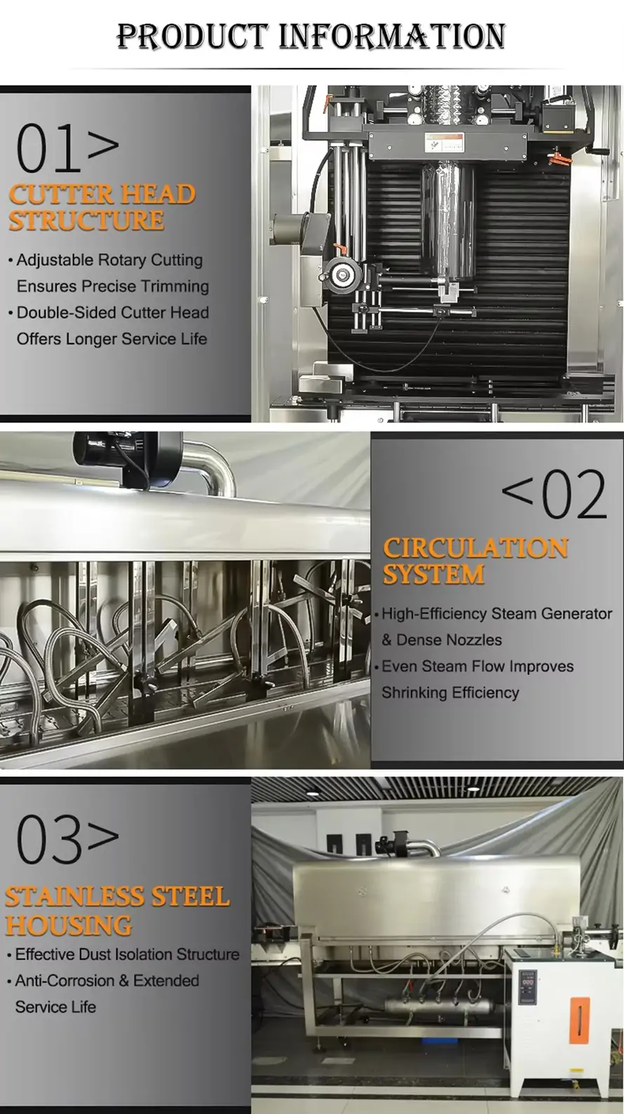 Automatic sleeve shrinking labeling machine core parts introduction, including adjustable rotary cutter head, steam circulation system, stainless steel anti-corrosion housing for sleeve label applicator and steam shrink tunnel