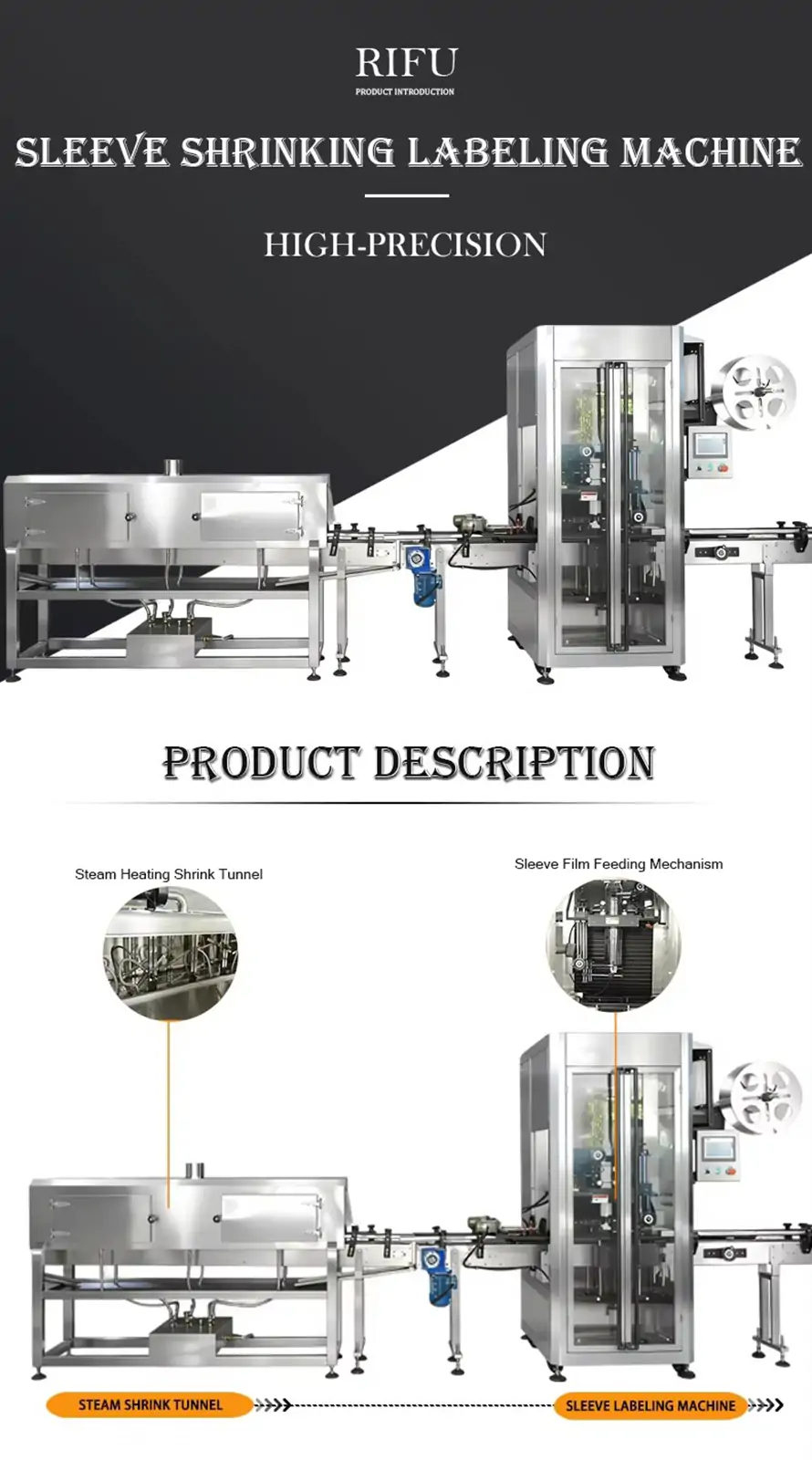 RIFU high precision automatic sleeve shrinking labeling machine introduction, equipped with sleeve film feeding mechanism and steam heating shrink tunnel for bottle sleeve labeling