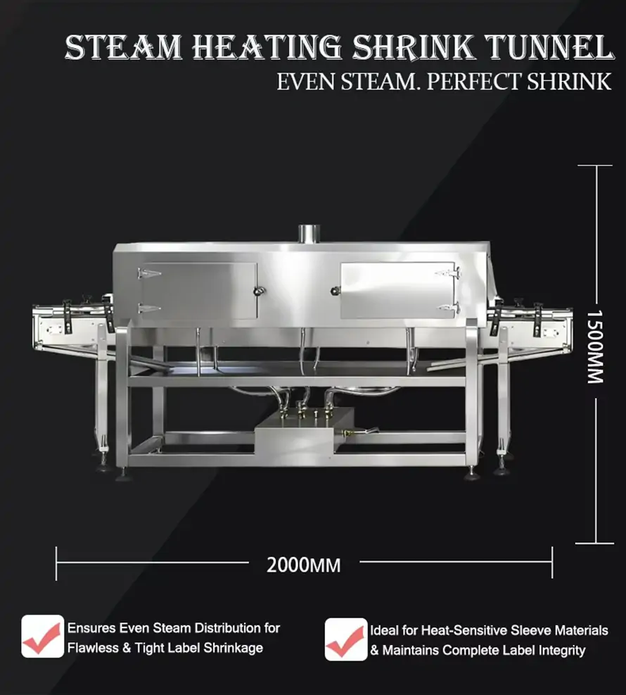 Steam Heating Shrink Tunnel supporting automatic sleeve labeling machine, 2000*1500mm dimension, uniform steam distribution, perfect shrink for heat-sensitive sleeve labels