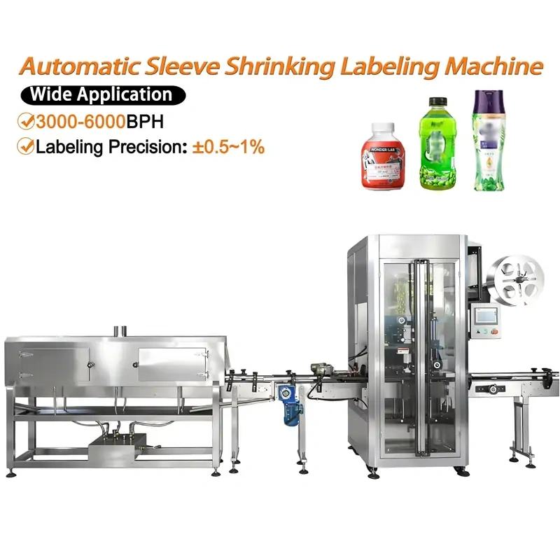 Automatic Sleeve Shrinking Labeling Machine with steam shrink tunnel, high speed bottle sleeve label applicator for beverage, cosmetic plastic bottles, 3000-6000BPH