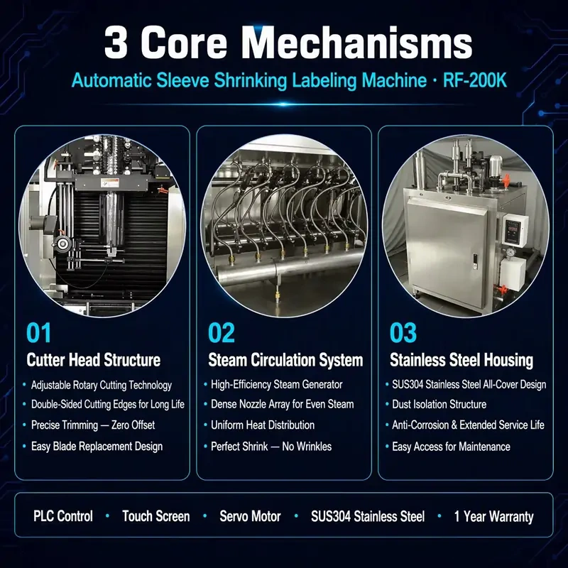 Automatic Sleeve Shrinking Labeling Machine 3 Core Mechanisms, Rotary Cutter Head, Steam Circulation System, SUS304 Stainless Steel Housing, PLC Servo Sleeve Label Applicator