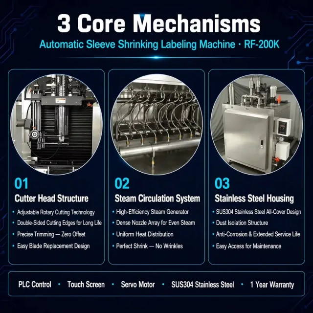 Automatic Sleeve Shrinking Labeling Machine 3 Core Mechanisms, Rotary Cutter Head, Steam Circulation System, SUS304 Stainless Steel Housing, PLC Servo Sleeve Label Applicator