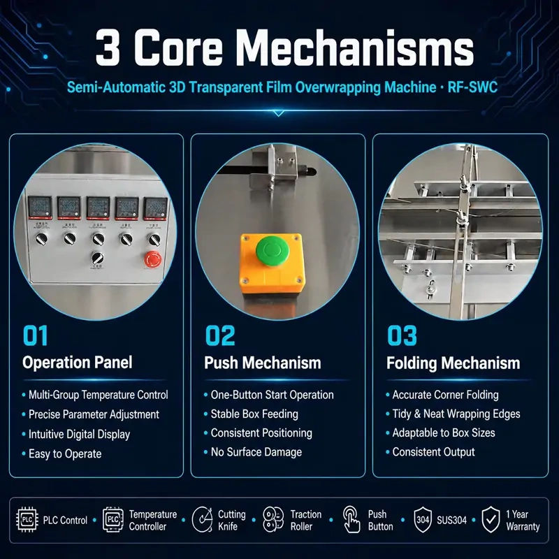 RIFU 3 core mechanisms poster: operation panel, push mechanism, folding mechanism for semi‑auto 3D cellophane overwrapper