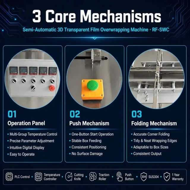 RIFU 3 core mechanisms poster: operation panel, push mechanism, folding mechanism for semi‑auto 3D cellophane overwrapper