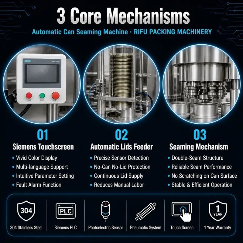 3 core mechanisms of RIFU automatic can seaming machine, Siemens touchscreen, automatic lid feeder and double‑seam seaming mechanism