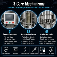 3 core mechanisms of RIFU automatic can seaming machine, Siemens touchscreen, automatic lid feeder and double‑seam seaming mechanism