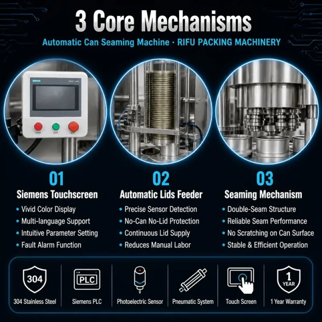 3 core mechanisms of RIFU automatic can seaming machine, Siemens touchscreen, automatic lid feeder and double‑seam seaming mechanism