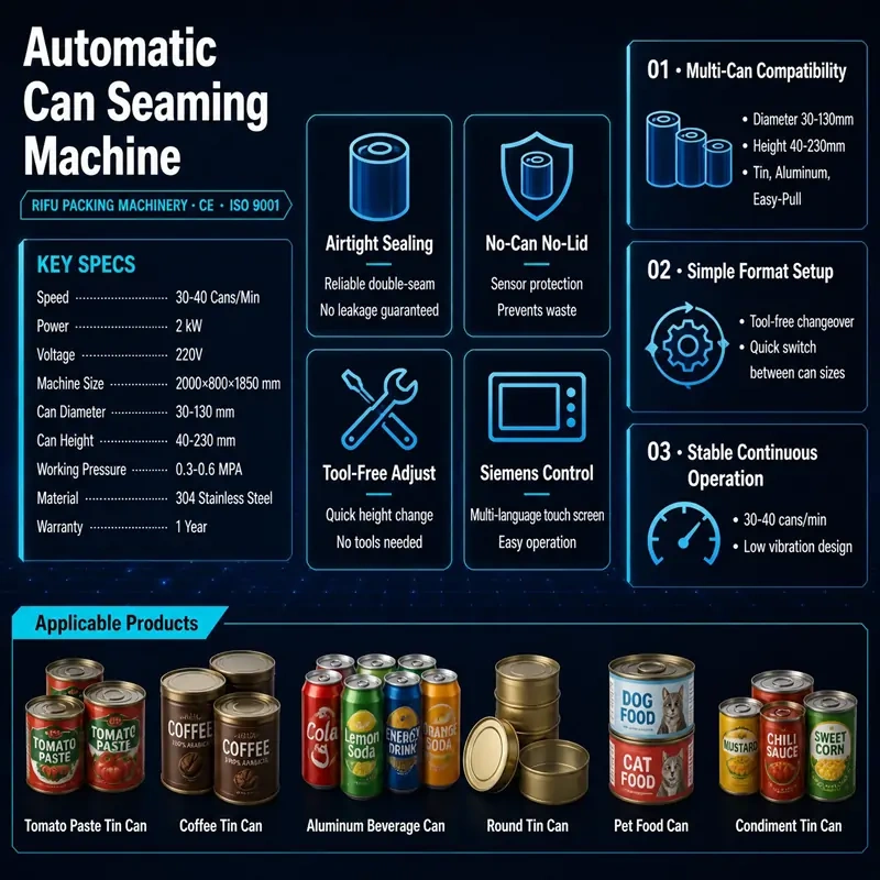 Automatic Can Seaming Machine key specs and features infographic, RIFU tin can sealer with tool‑free adjustment, no‑can no‑lid protection for food and pet‑food cans