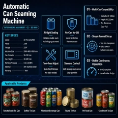 Automatic Can Seaming Machine key specs and features infographic, RIFU tin can sealer with tool‑free adjustment, no‑can no‑lid protection for food and pet‑food cans