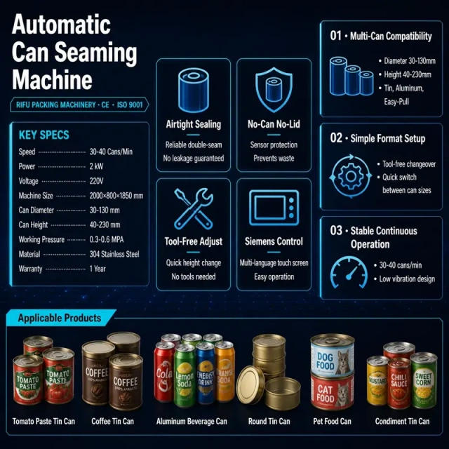 Automatic Can Seaming Machine key specs and features infographic, RIFU tin can sealer with tool‑free adjustment, no‑can no‑lid protection for food and pet‑food cans