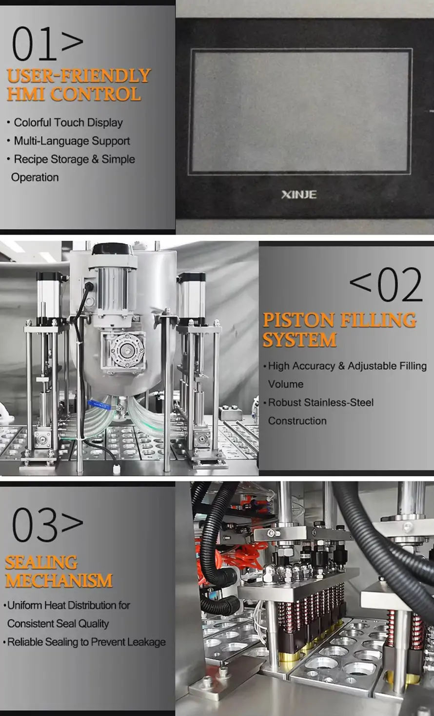 Automatic cup filling sealing machine key components: user‑friendly HMI touch control, piston filling system and sealing mechanism