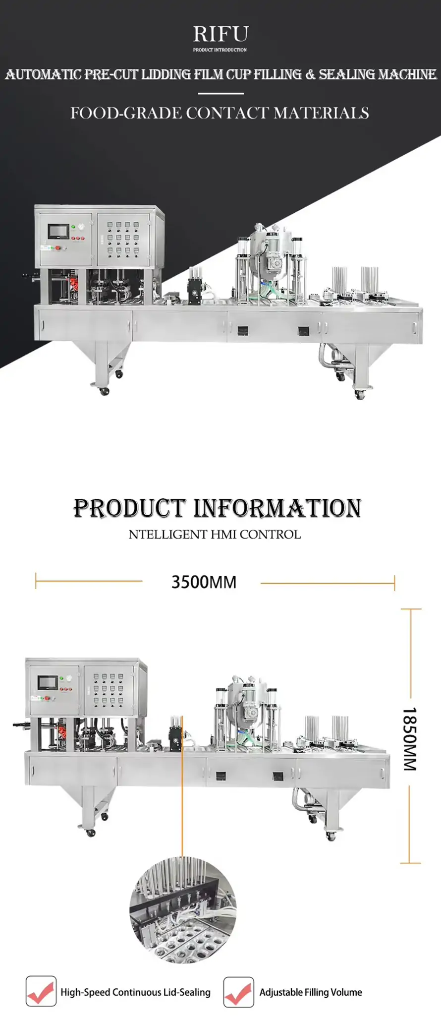 Automatic pre‑cut lidding film cup filling & sealing machine product information, dimensions, food‑grade contact material, intelligent HMI control, adjustable filling volume