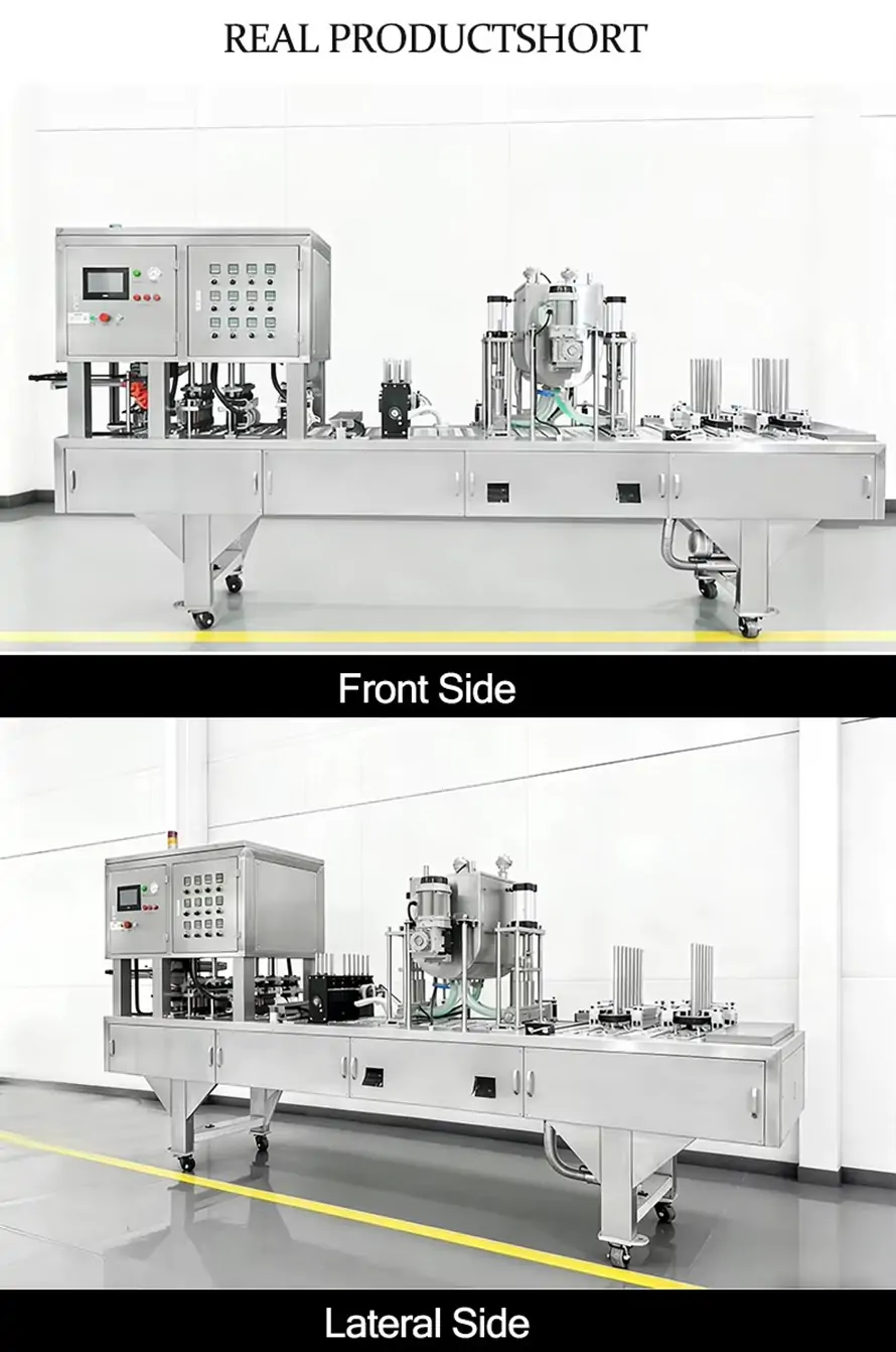 Automatic pre‑cut lidding film cup filling & sealing machine, real product shots, front side and lateral side view of the full machine