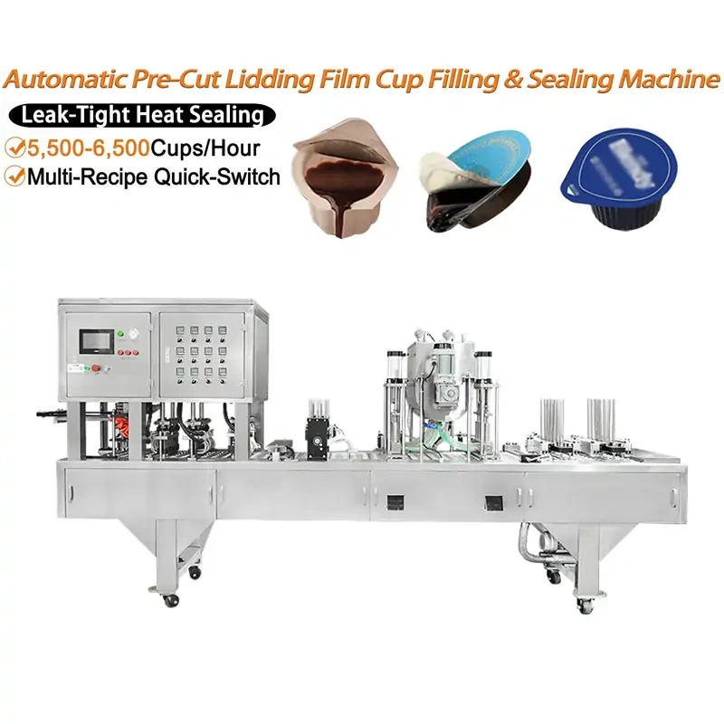 Automatic Pre‑Cut Lidding Film Cup Filling & Sealing Machine, high speed liquid cup packaging machine for liquid food