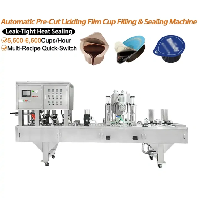Automatic Pre‑Cut Lidding Film Cup Filling & Sealing Machine, high speed liquid cup packaging machine for liquid food