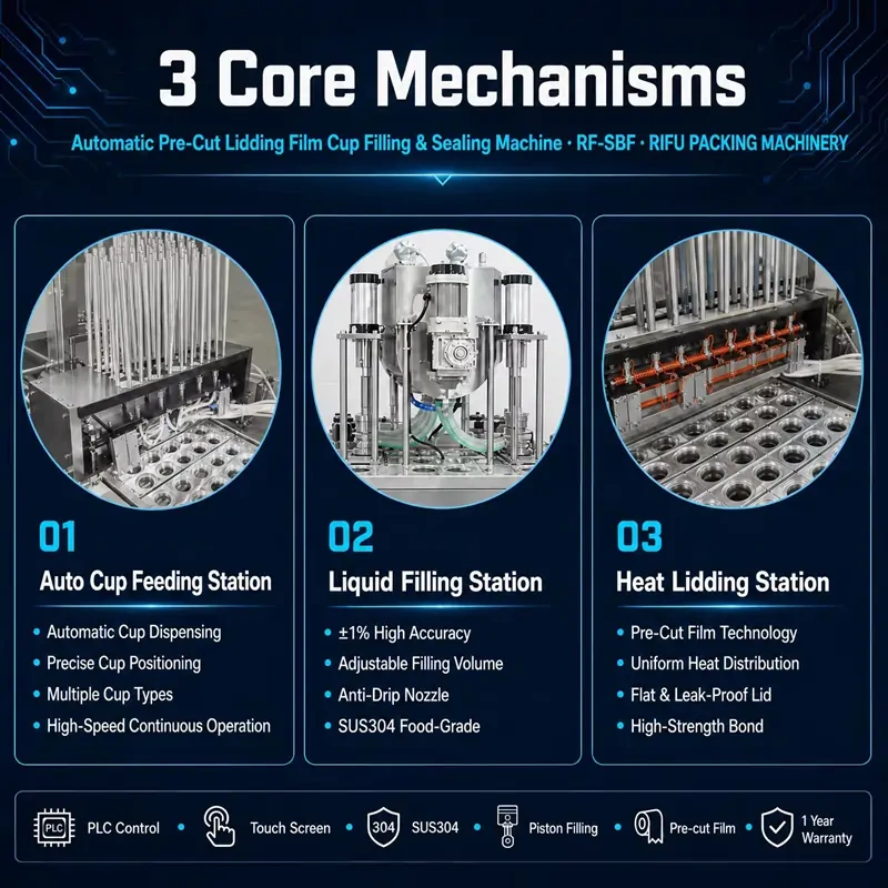 Automatic Pre‑Cut Lidding Film Cup Filling & Sealing Machine 3 core mechanisms: auto cup feeding, liquid filling, heat lidding station, RIFU packing machinery