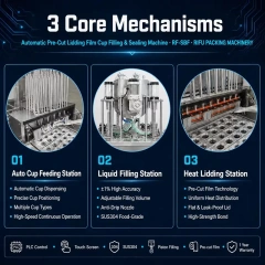 Automatic Pre‑Cut Lidding Film Cup Filling & Sealing Machine 3 core mechanisms: auto cup feeding, liquid filling, heat lidding station, RIFU packing machinery