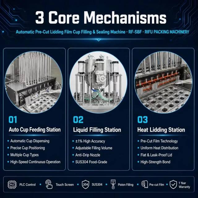 Automatic Pre‑Cut Lidding Film Cup Filling & Sealing Machine 3 core mechanisms: auto cup feeding, liquid filling, heat lidding station, RIFU packing machinery