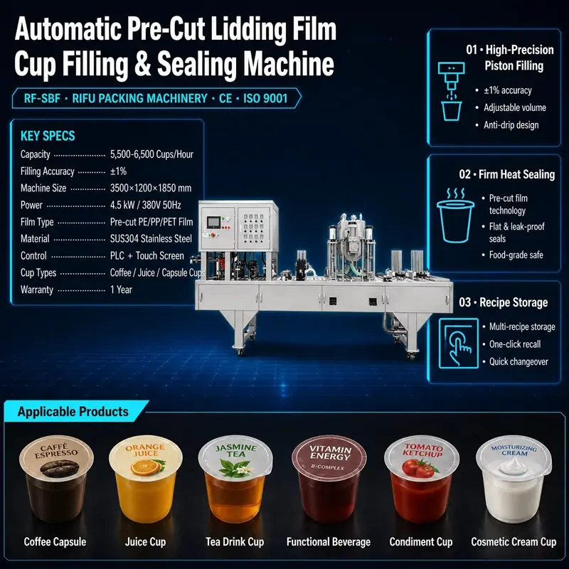 Automatic Pre‑Cut Lidding Film Cup Filling & Sealing Machine technical specs, high speed cup filler sealer with PLC touch screen, for liquid, sauce, cosmetic cream cups,