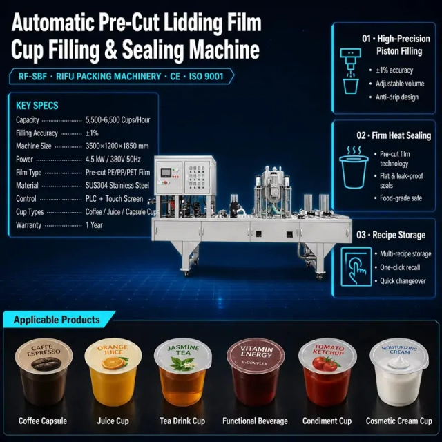 Automatic Pre‑Cut Lidding Film Cup Filling & Sealing Machine technical specs, high speed cup filler sealer with PLC touch screen, for liquid, sauce, cosmetic cream cups,