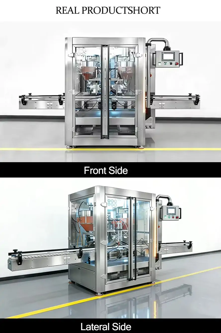 Double‑head rotor pump thick sauce filling machine real product multi‑angle view, front side and lateral side shot for jar thick paste filling