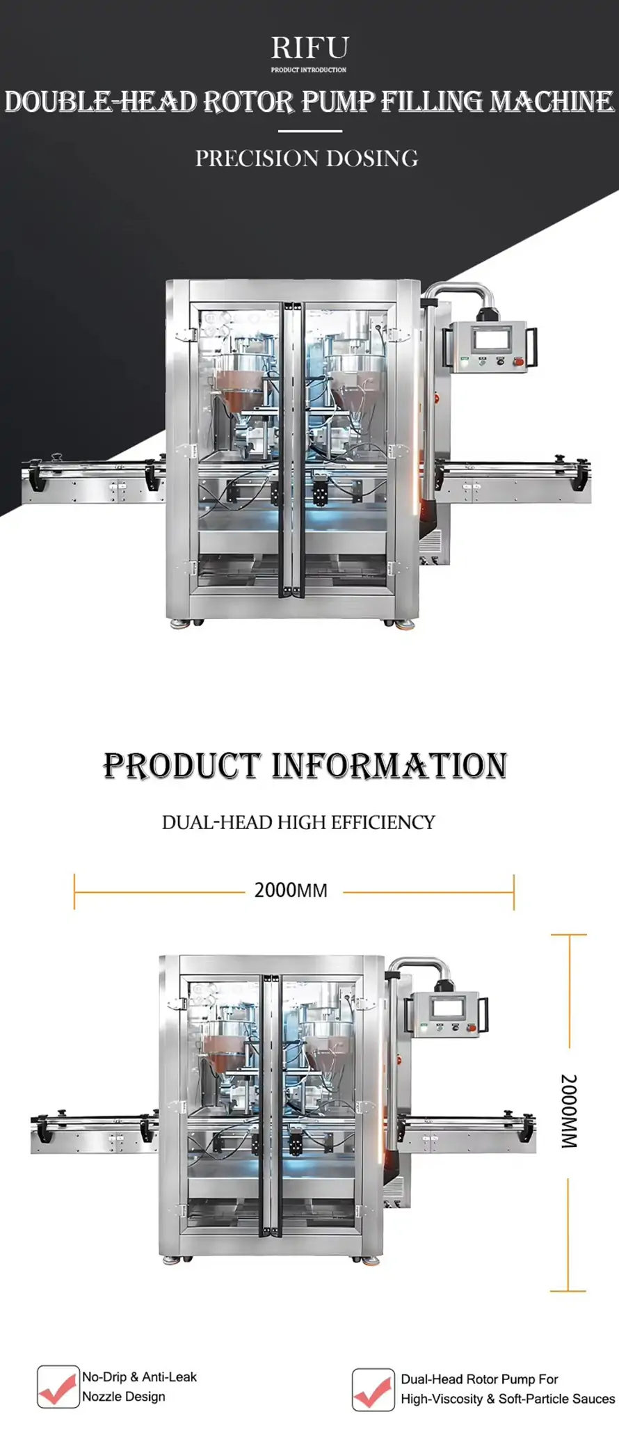 Double‑head rotor pump thick sauce filling machine product information, dimension size, precision dosing for high viscosity particle sauce