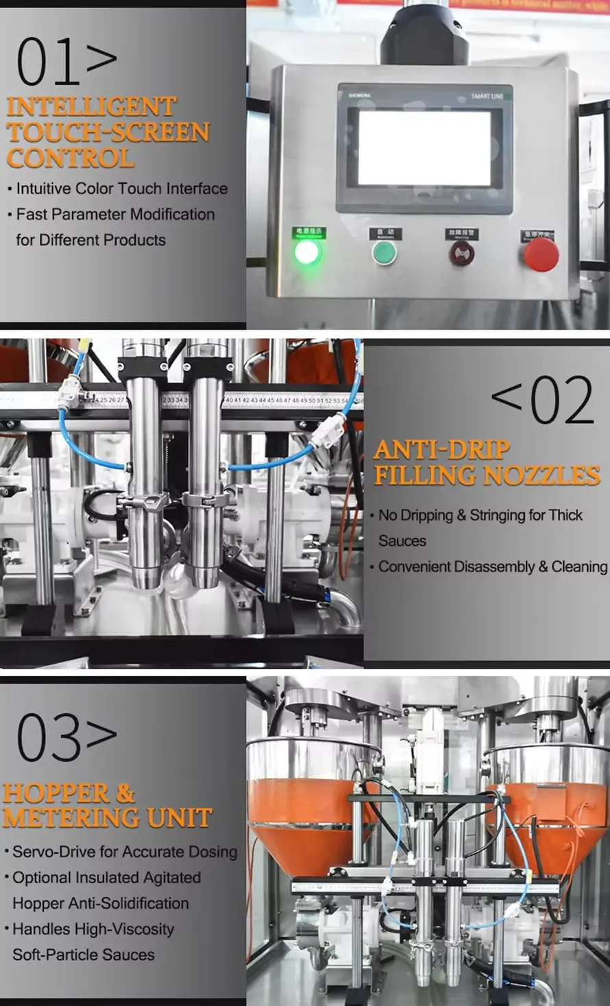 Double‑head rotor pump filling machine features: intelligent touch‑screen control, anti‑drip filling nozzles, hopper metering unit for high viscosity particle thick sauce