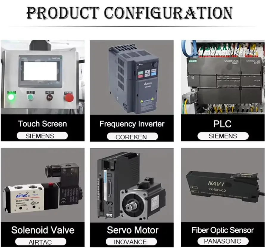 Double‑head rotor pump filling machine product configuration, Siemens PLC touch screen, servo motor, frequency inverter, solenoid valve, fiber optic sensor for thick sauce filler