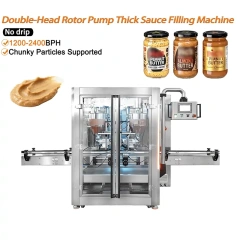 Double‑head rotor pump thick sauce filling machine, peanut butter jar filler supports chunky particles, 1200‑2400 BPH no‑drip filling