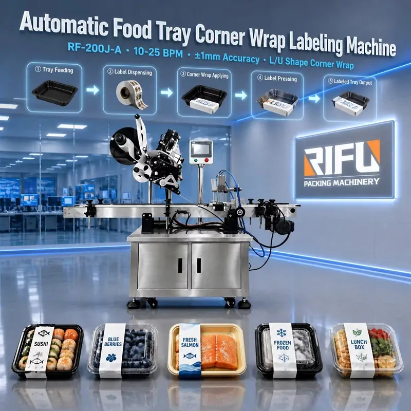 Automatic Food Tray Corner Wrap Labeling Machine | Anti‑Tamper Corner Seal