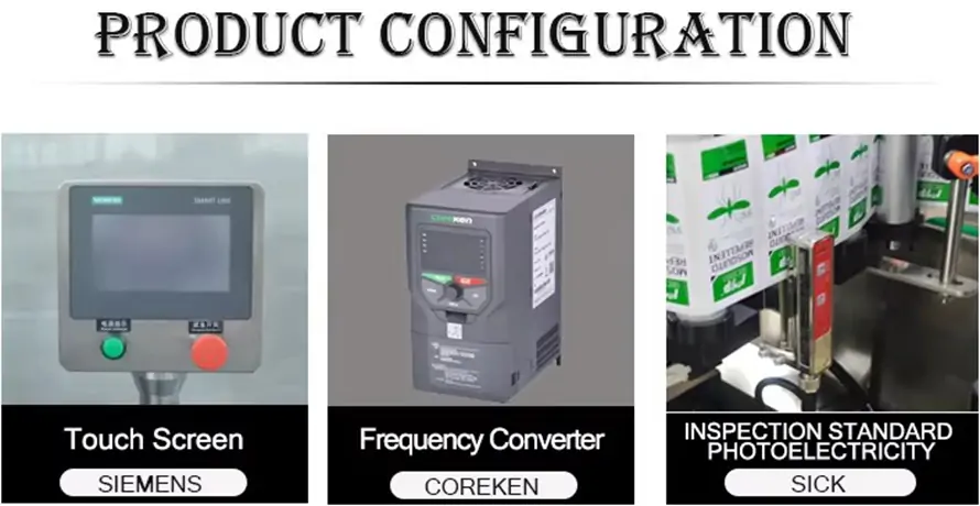 Product configuration components of tray corner wrap labeling machine, siemens touch screen, coreken frequency converter, sick photoelectric sensor