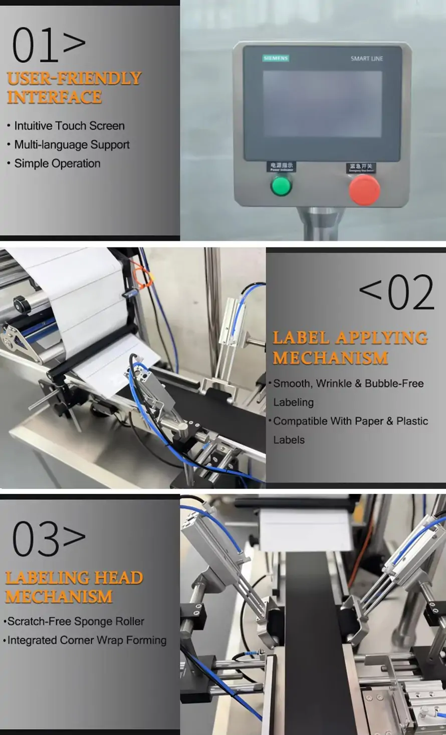 Tray corner wrap labeling machine core features, siemens touch screen multi‑language interface, label applying mechanism, corner wrap labeling head for paper and plastic labels