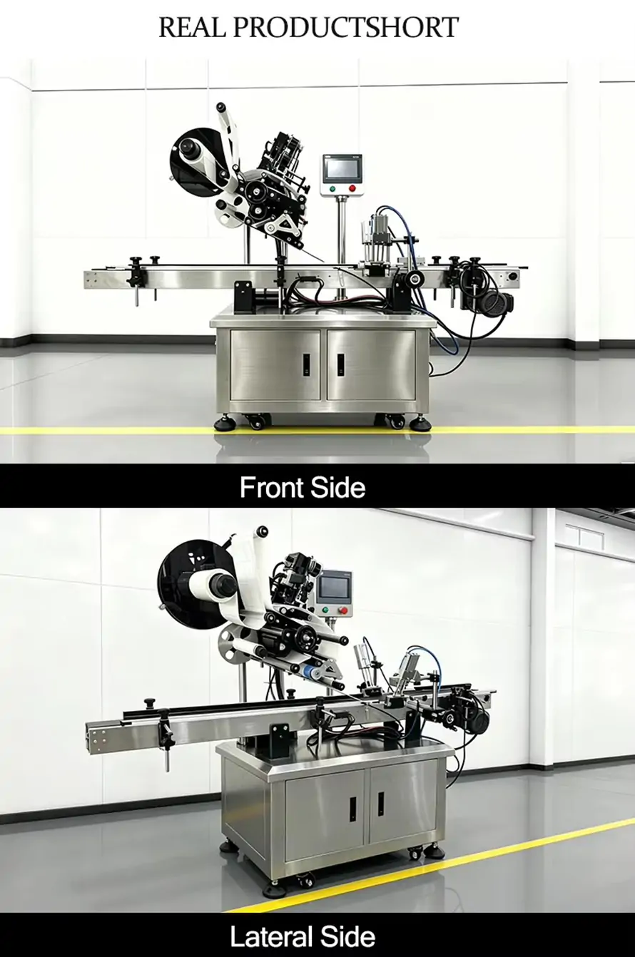 Real product shot of tray corner wrap labeling machine, front side and lateral side view, automatic anti‑tamper corner seal labeler for food containers
