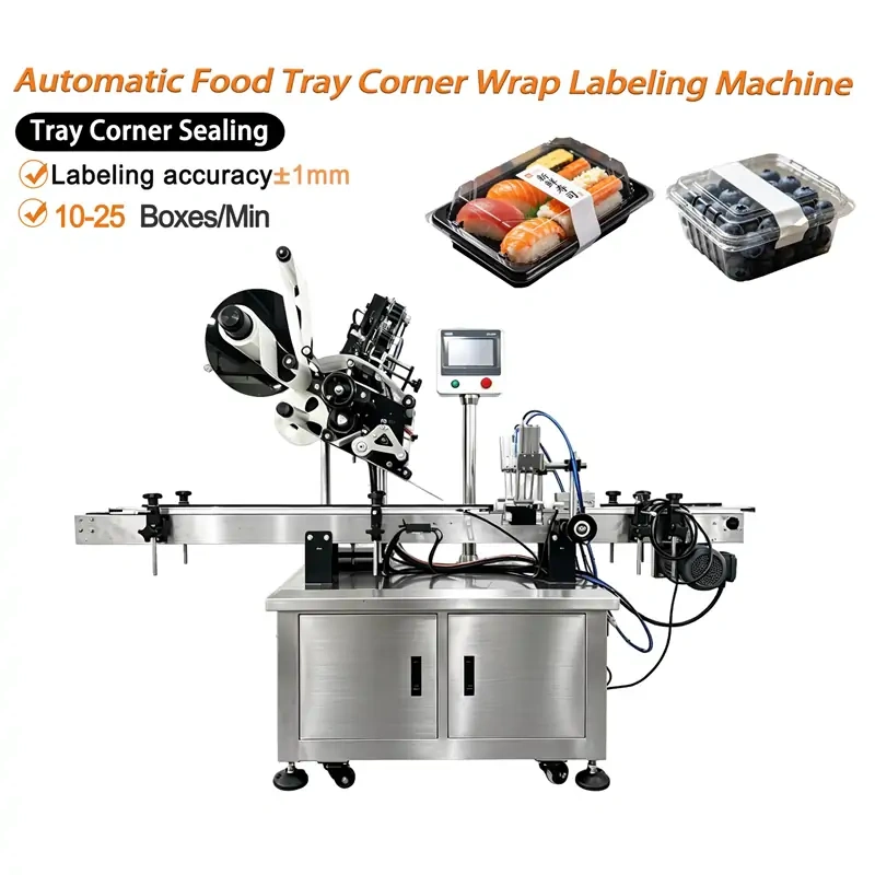 Automatic Food Tray Corner Wrap Labeling Machine, anti‑tamper corner seal for sushi berry plastic food container, 10‑25 boxes per minute labeling accuracy ±1mm