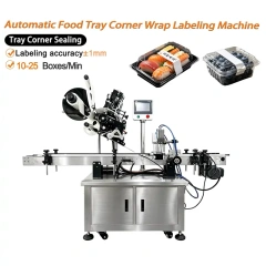 Automatic Food Tray Corner Wrap Labeling Machine, anti‑tamper corner seal for sushi berry plastic food container, 10‑25 boxes per minute labeling accuracy ±1mm