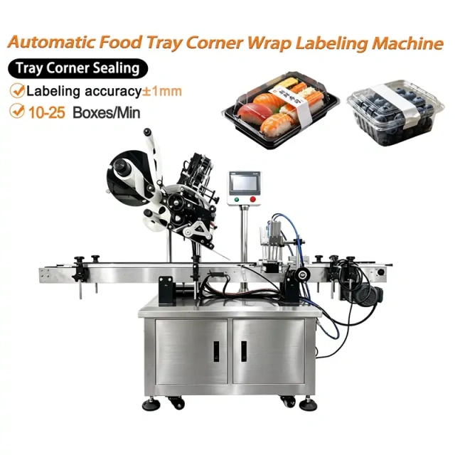 Automatic Food Tray Corner Wrap Labeling Machine, anti‑tamper corner seal for sushi berry plastic food container, 10‑25 boxes per minute labeling accuracy ±1mm