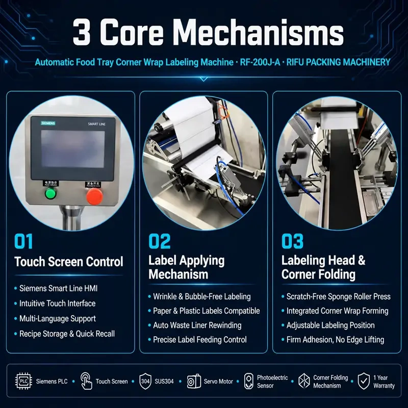 Corner wrap labeling machine 3 core mechanisms poster, Siemens touch screen, label applying mechanism, corner folding labeling head