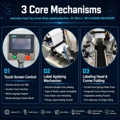 Corner wrap labeling machine 3 core mechanisms poster, Siemens touch screen, label applying mechanism, corner folding labeling head