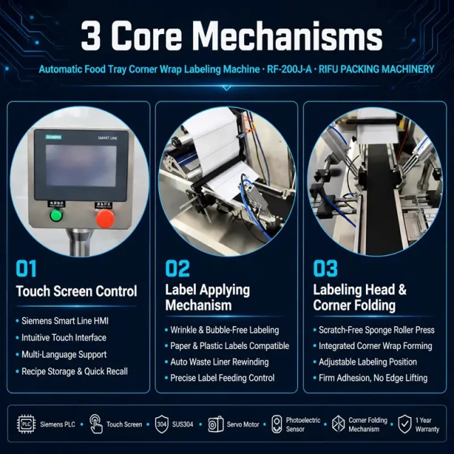Corner wrap labeling machine 3 core mechanisms poster, Siemens touch screen, label applying mechanism, corner folding labeling head