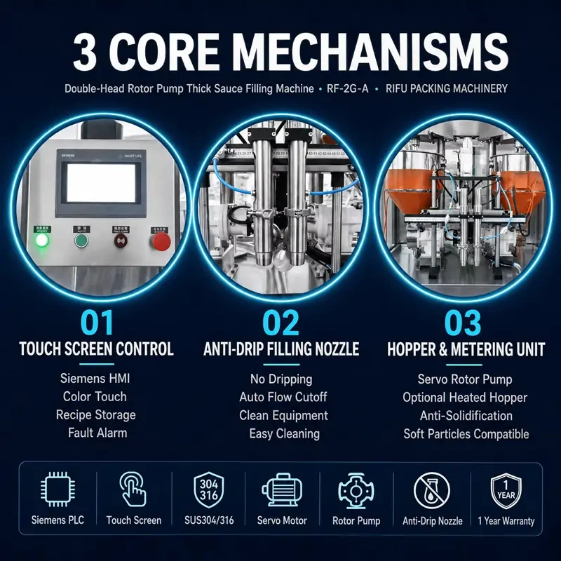 Double‑Head Rotor Pump Thick Sauce Filling Machine 3 core mechanisms poster, Siemens touch screen, anti‑drip nozzle, servo rotor pump metering unit